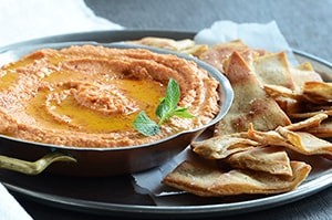 Quick Smoky Red Pepper Hummus + Baked Pita Chips