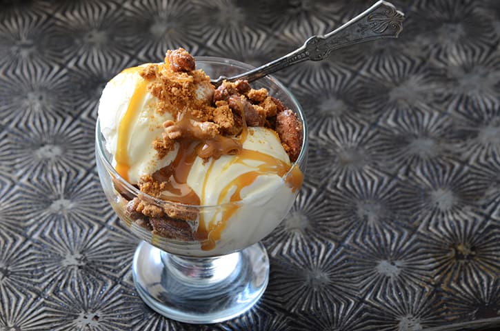 Salted Caramel Ice Cream Sundaes with Roasted Cinnamon Sugar Almonds
