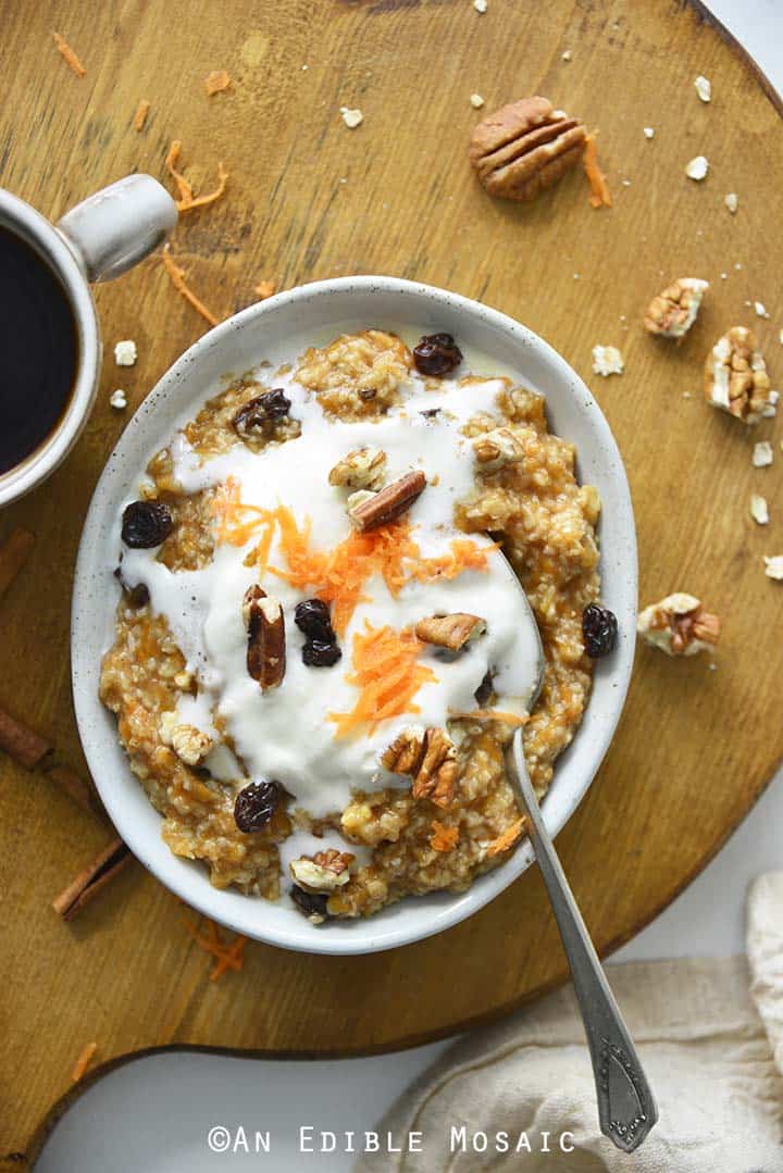 Top View of Carrot Cake Oats Recipe on Wooden Board