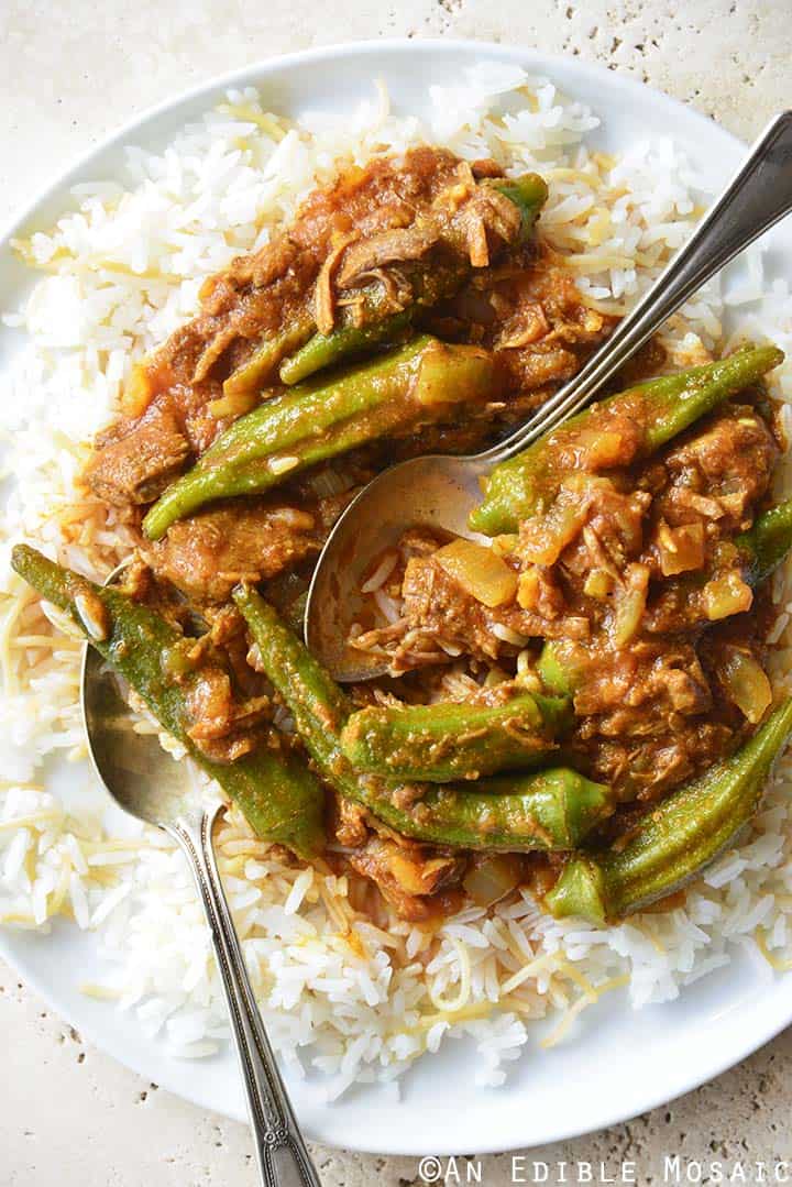 Close Up of Persian Okra Stew (Khoresh Bamieh) on White Plate