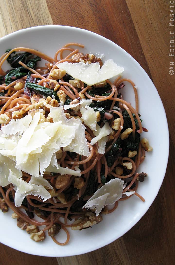 Beet Greens Pasta with Walnuts and Parmesan Cheese