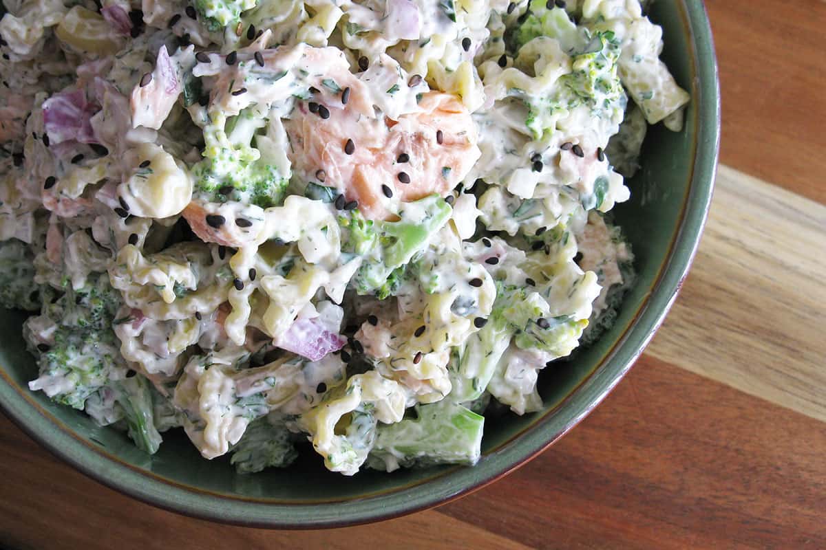 poached salmon pasta salad with dill