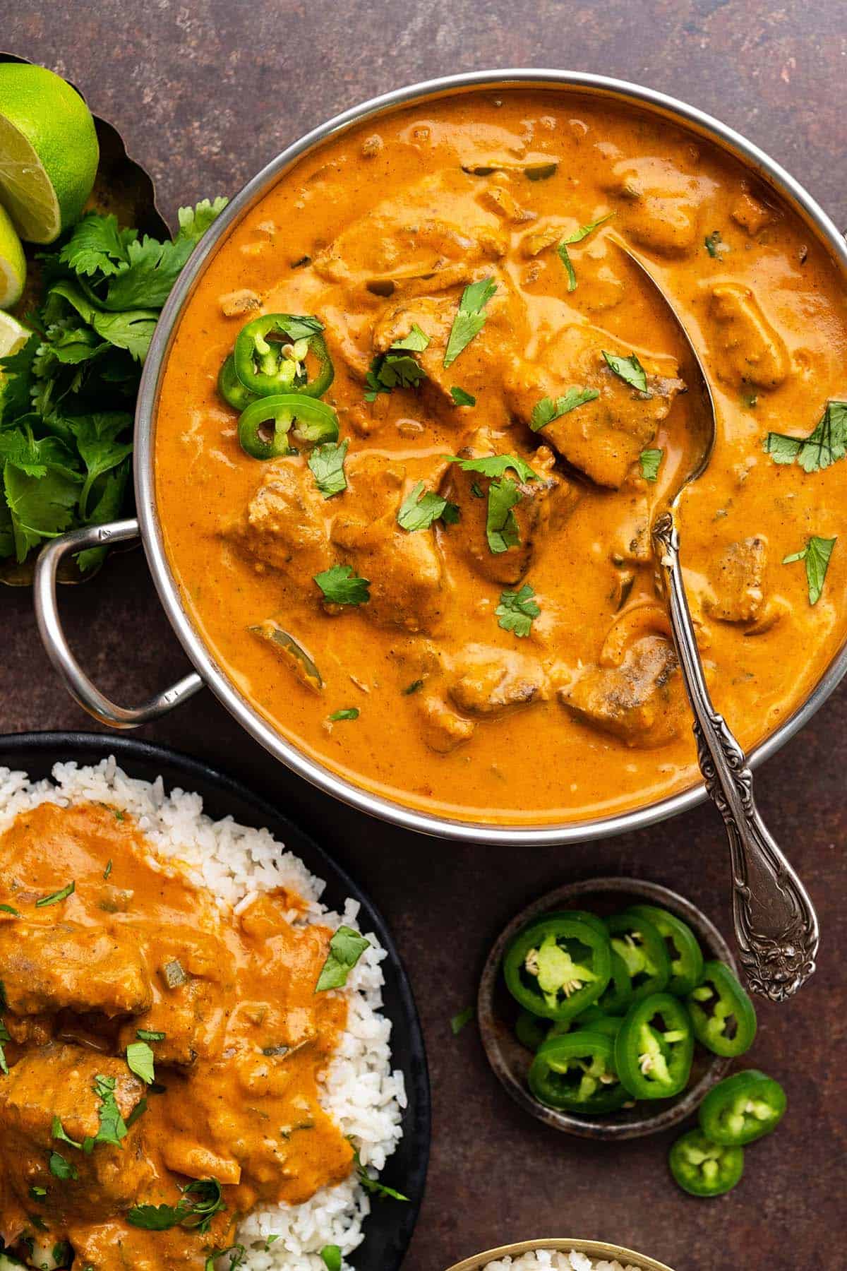 top view of serving bowl with tikka masala lamb curry