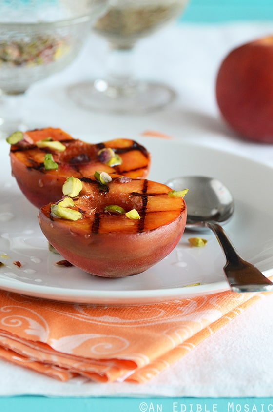 Grilled Peaches with Orange Blossom Syrup and Pistachios