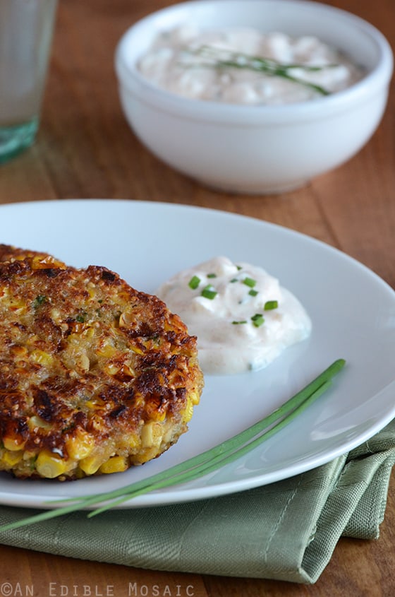 Quinoa Corn Patties with Cool and Creamy Onion Dip