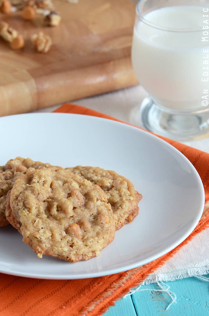 Butterscotch Oatmeal Cookies on White Plate on Orange Fabric