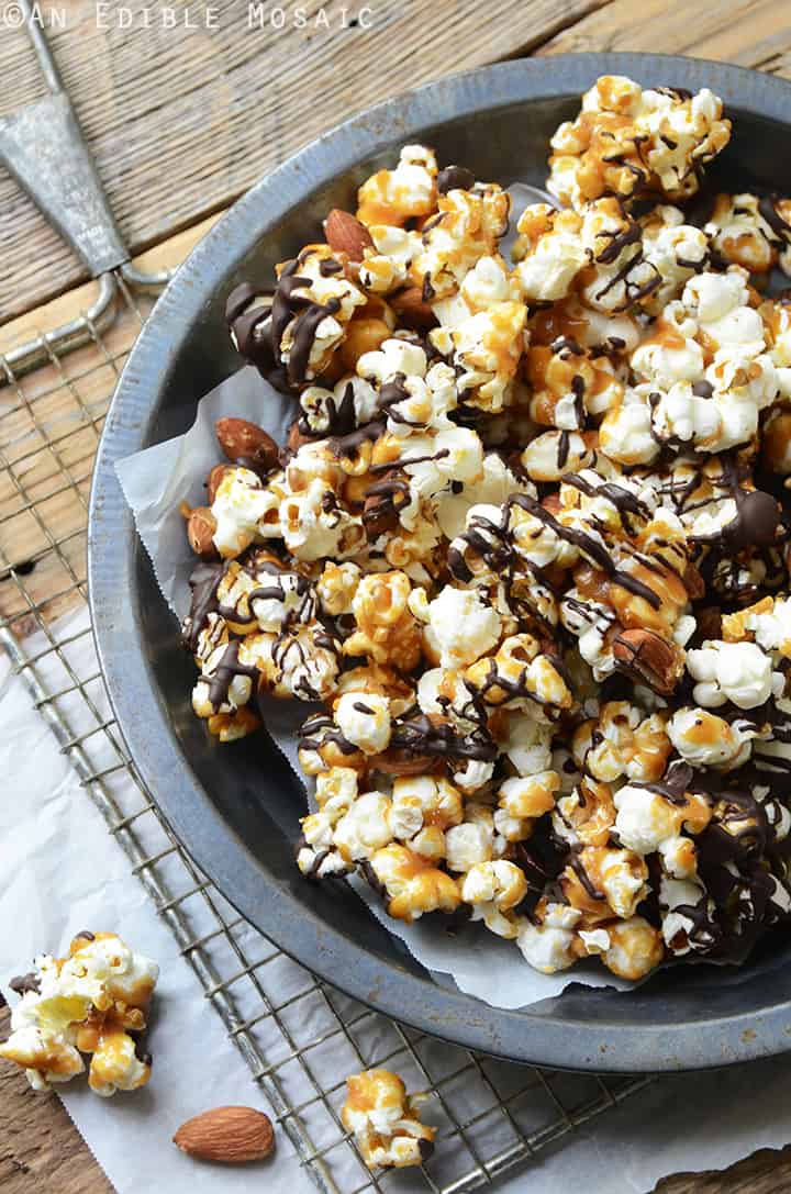 Salted Butter Toffee Popcorn with Dark Chocolate and Toasted Almonds