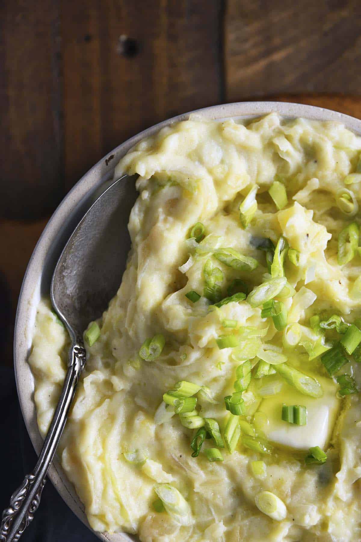 close up top view of irish mashed potatoes with cabbage