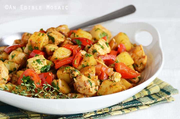 Front View of Turkey Hash in White Dish with Spoon