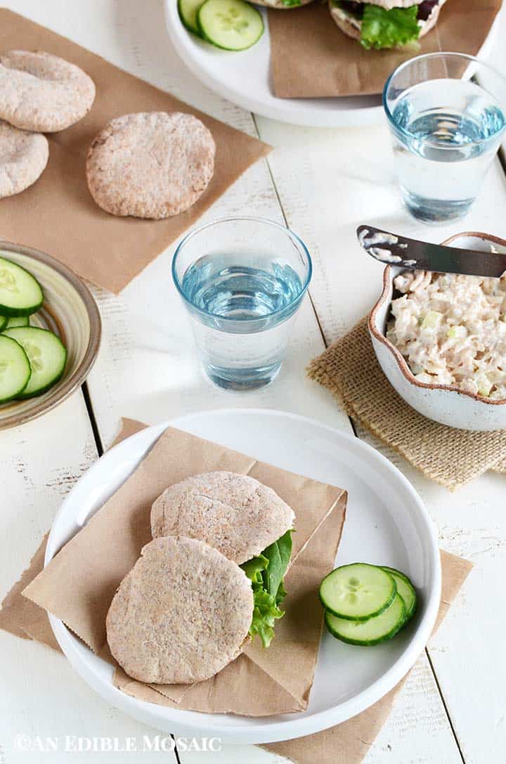 Overhead View of Table Set with Canned Chicken Salad Pita Sandwiches