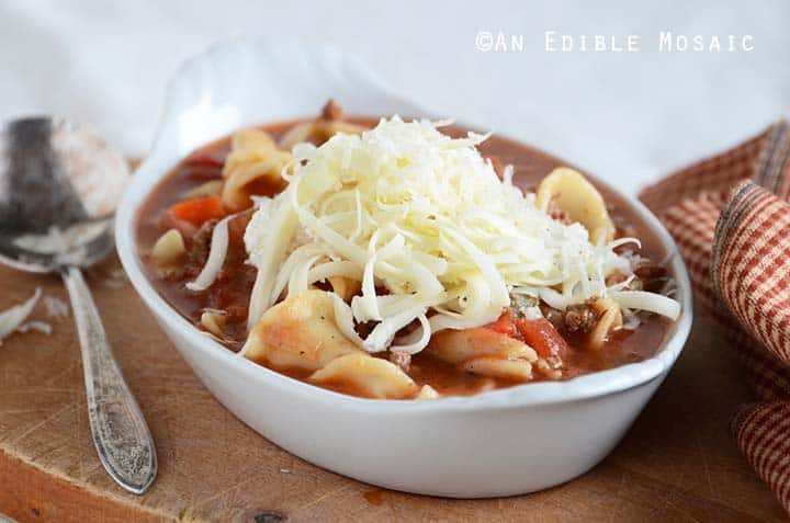 Front View of Lasagna Soup in White Dish