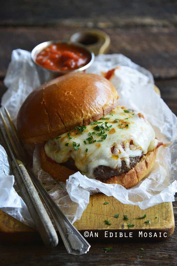 Pizza Burgers Front View on Wooden Board