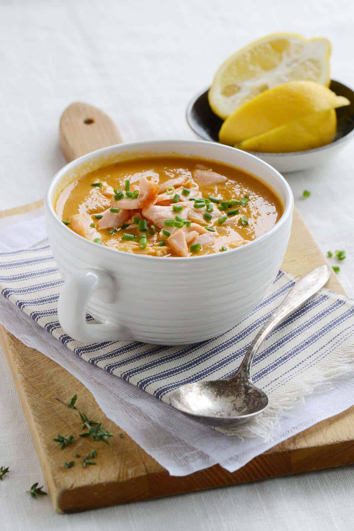 bowl of creamy salmon soup