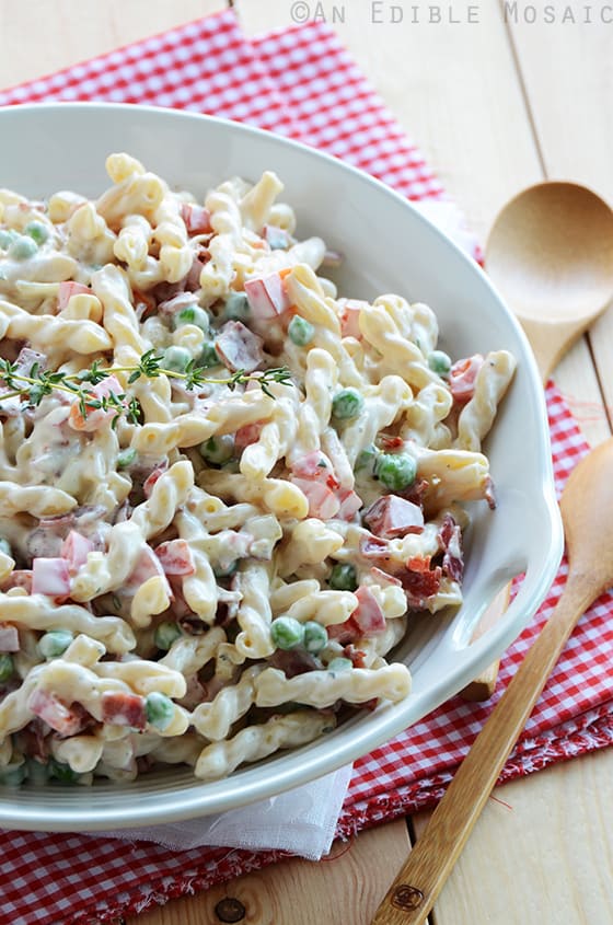 Creamy Pasta Salad with Bacon, Peas, & Bell Peppers