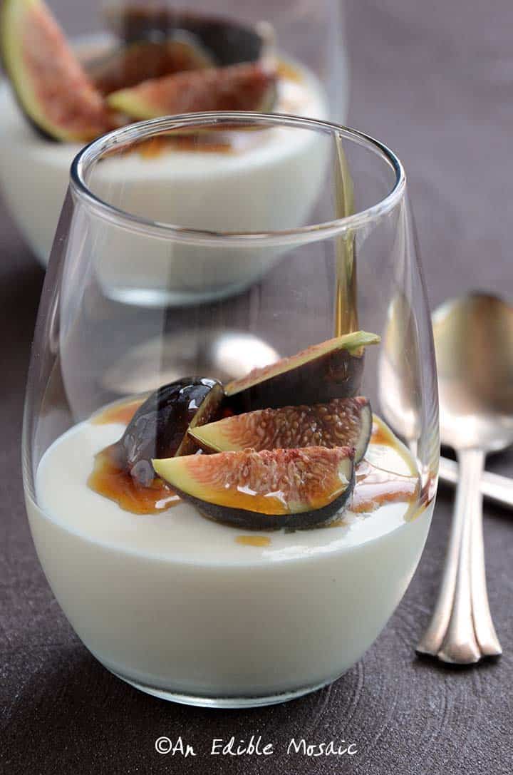 2 Glasses of Yogurt Mousse with Honey and Fresh Figs with Vintage Spoons