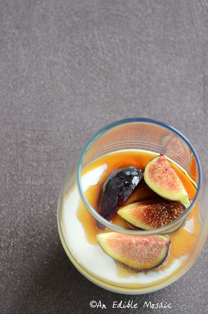 Yogurt Mousse with Honey and Fresh Figs Recipe on Sparkling Plum-Colored Background