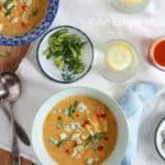 Buffalo Chicken Soup Recipe with Toppings on Table