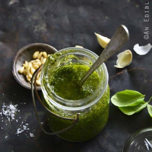 Easy Pesto Sauce Recipe in Vintage Glass Jar