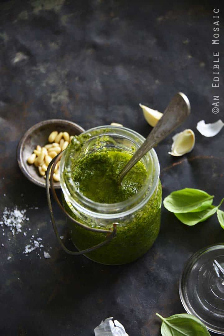 Easy Pesto Sauce Recipe in Vintage Glass Jar