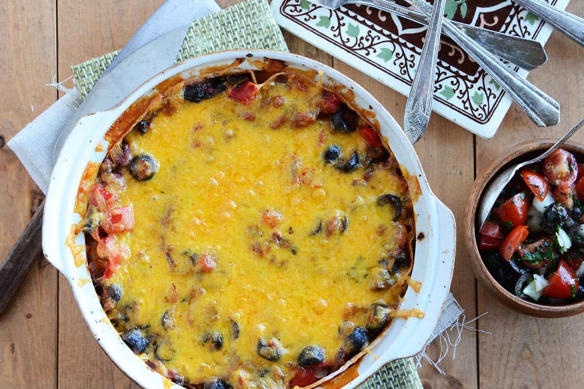 overhead view of taco pie in casserole dish