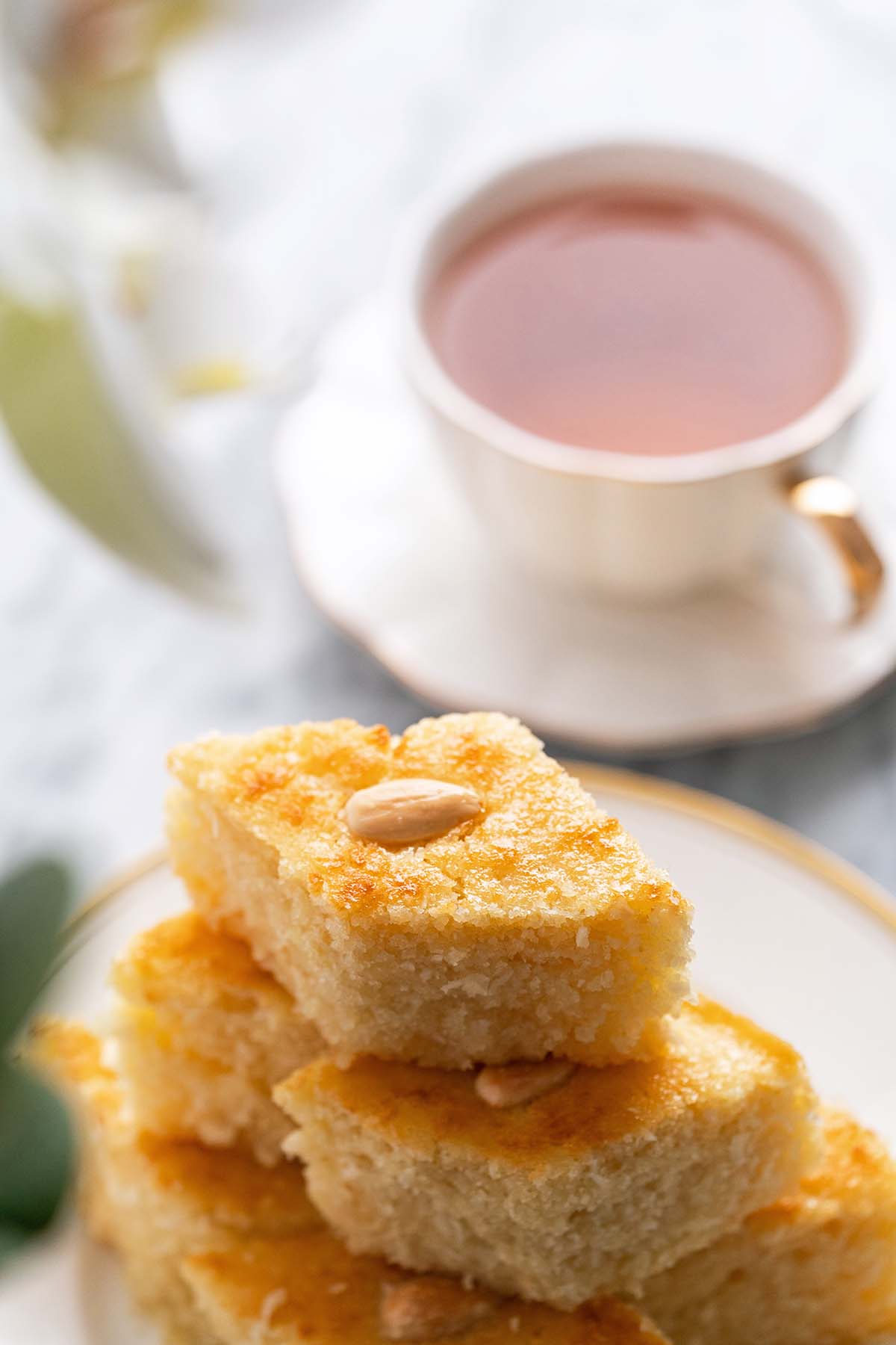 namoura cake slices with tea in background