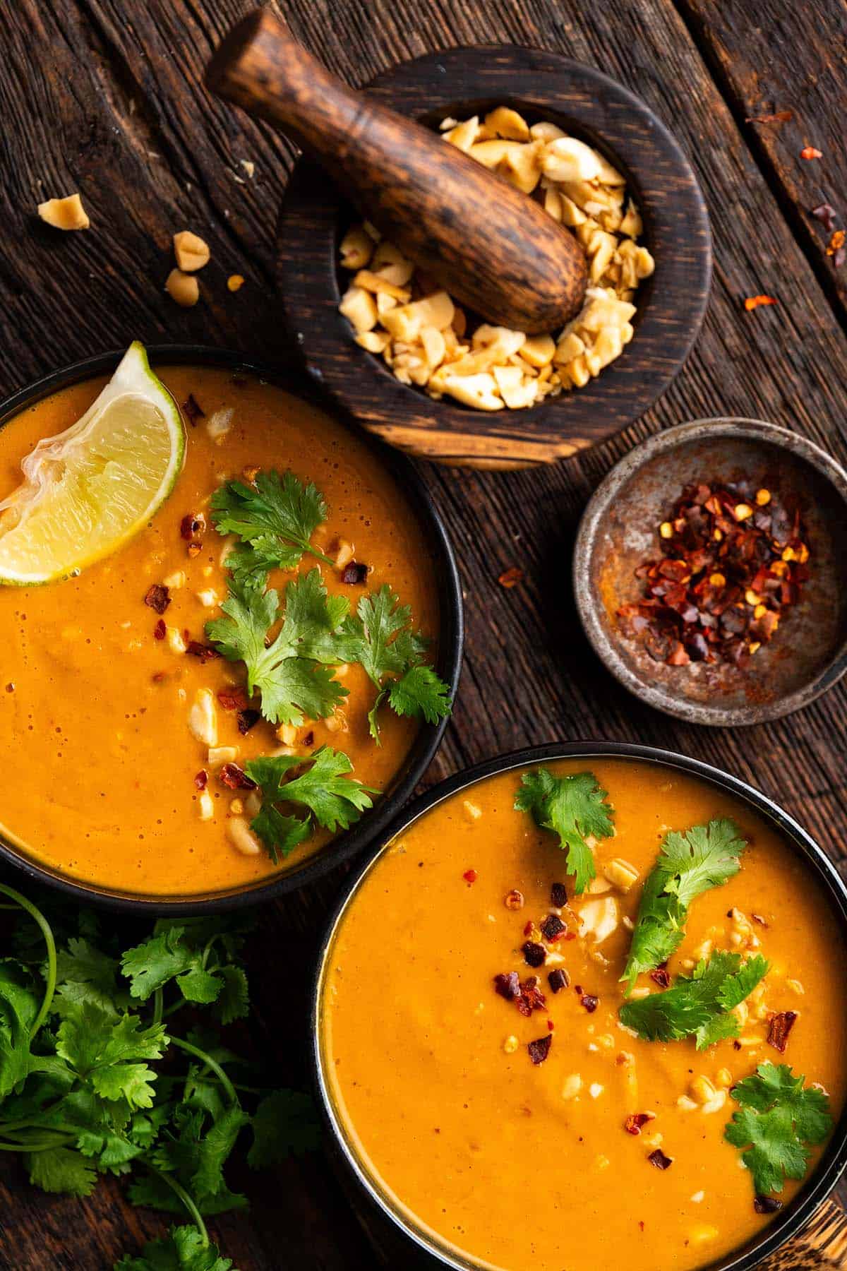 thai coconut pumpkin soup in serving bowls