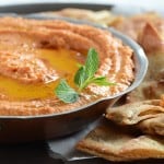 Close Up of Roasted Red Pepper Hummus in Metal Bowl