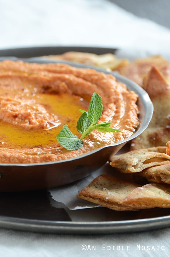 Close Up of Roasted Red Pepper Hummus in Metal Bowl