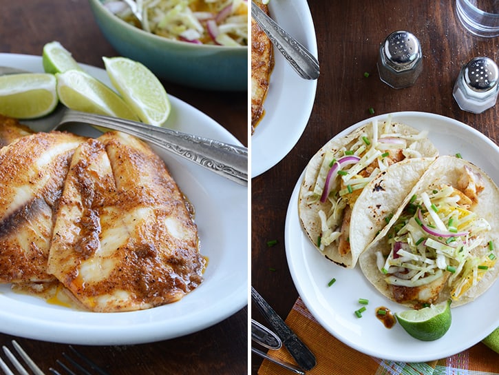 Ancho-Garlic Fish Tacos with Citrus-Mint Cabbage Slaw