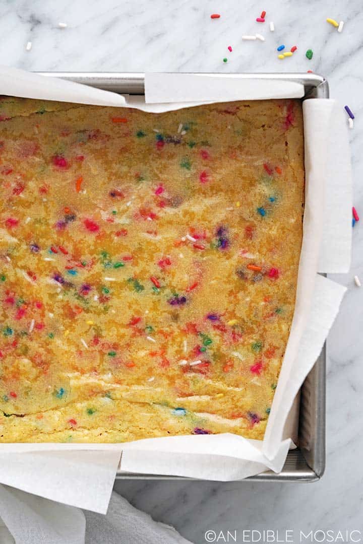 funfetti blondies in pan without frosting