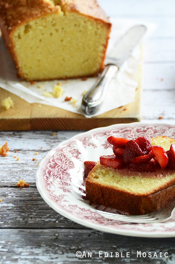 Front View of a Slice of Vanilla Pound Cake with Easy Strawberry Sauce