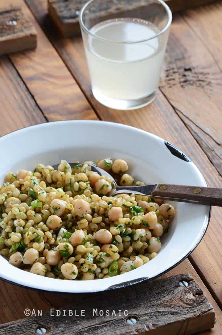 Wheat Berry Salad Recipe in White Bowl on Wooden Table