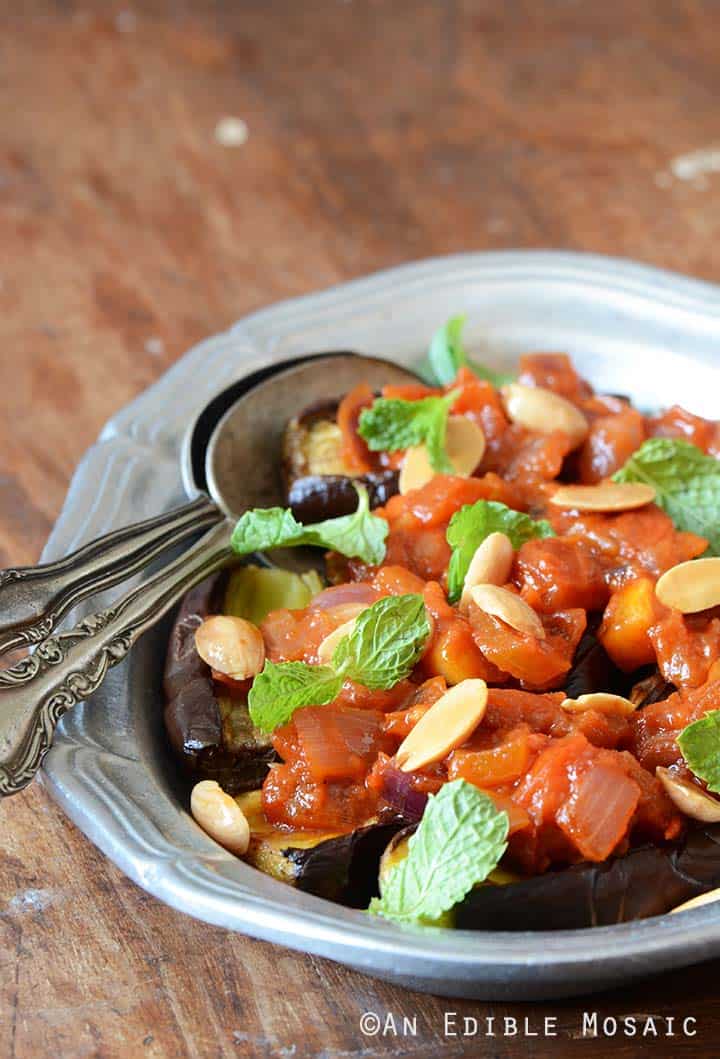 Front View of Baked Eggplant with Tomato, Mint, and Almonds