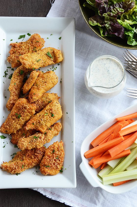 White Platter with Healthy Baked Chicken Tenders