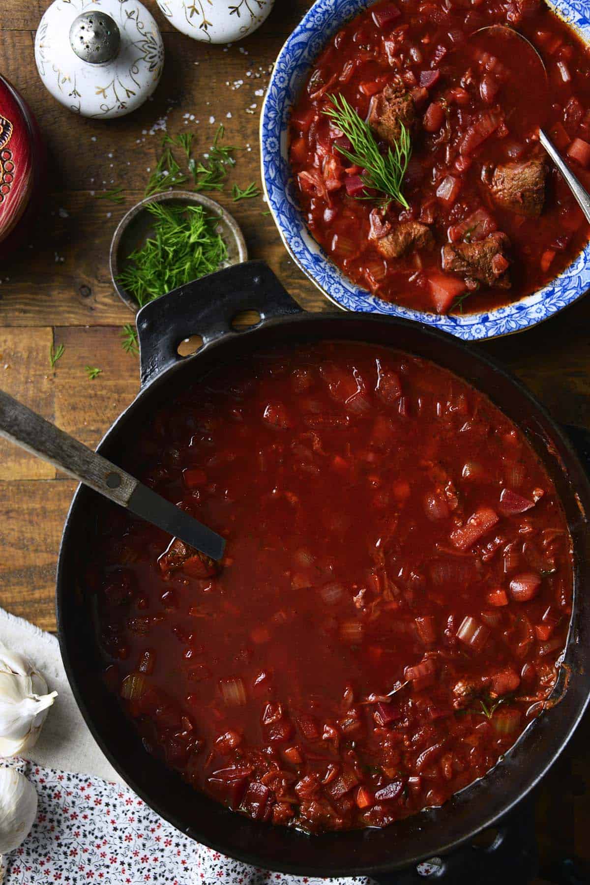 close up top view of pot of traditional borscht