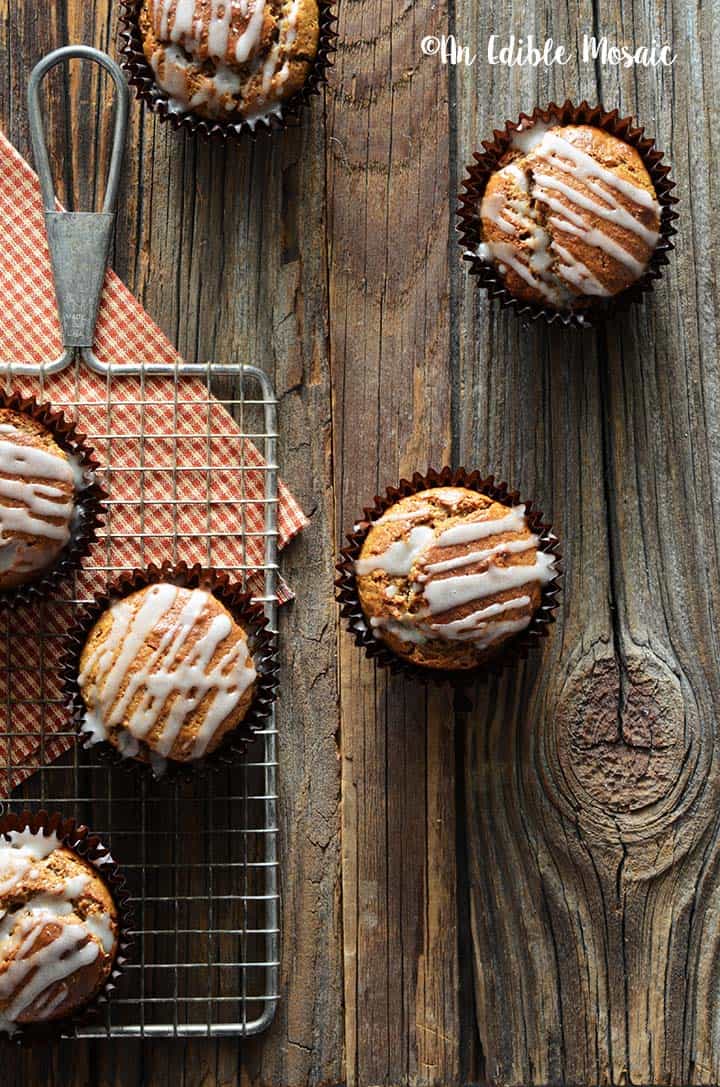 Overhead View of Cinnamon and Ginger Muffins Recipe with Festive Red Linen on Dark Wooden Table