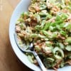 Spicy Blue Cheese Celery Slaw in White Bowl on Wooden Table