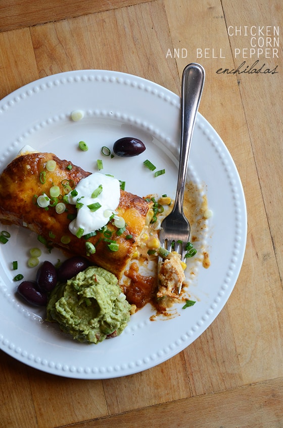 Chicken, Corn, and Bell Pepper Enchiladas