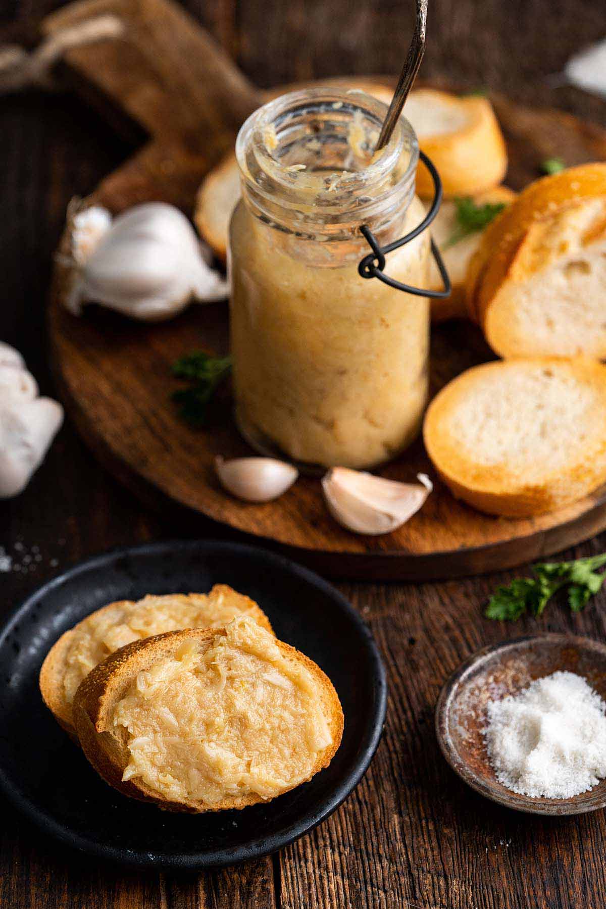 roasted garlic paste spread onto sliced bread
