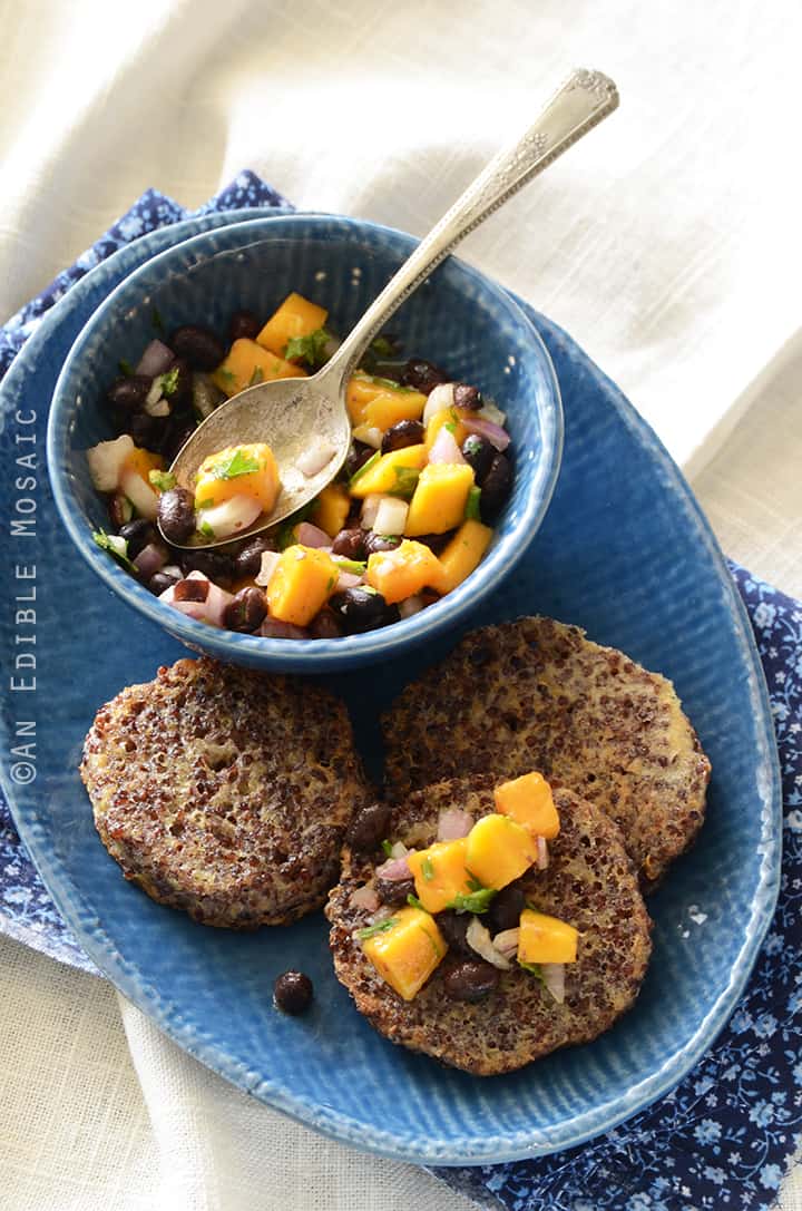 Garlicky Red Quinoa Patties with Mango Black Bean Salsa
