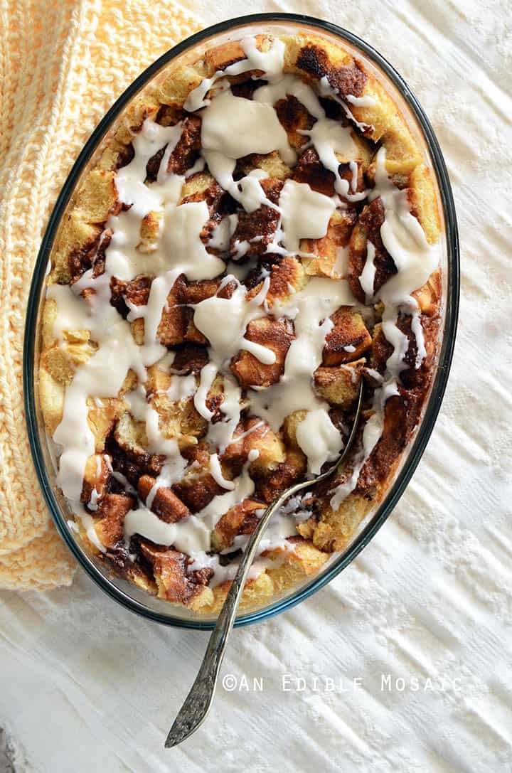 Cinnamon Bun Bread Pudding on White Linen