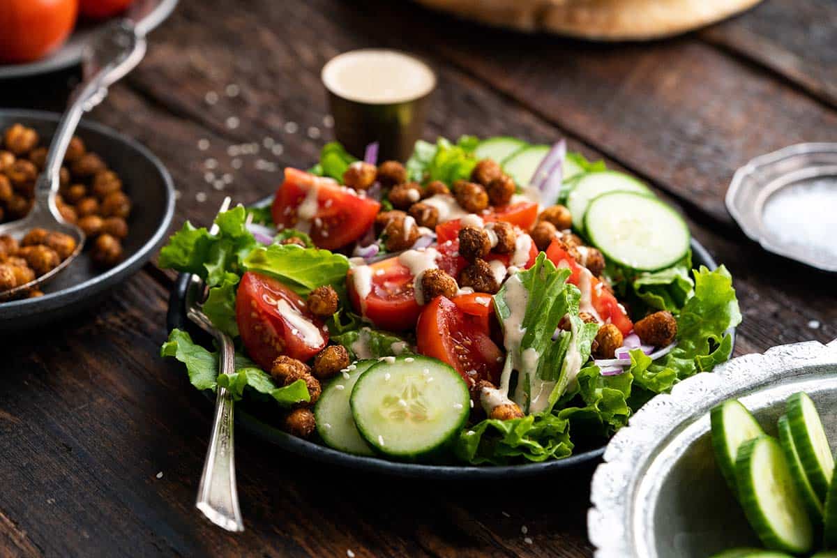 falafel spiced roasted chickpea salad with tahini dressing