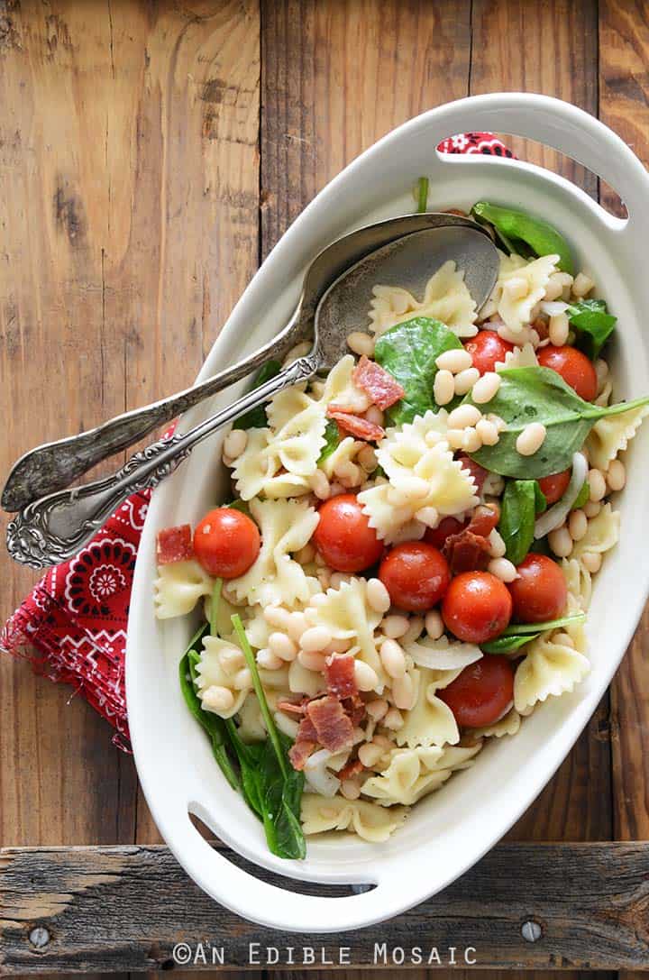 BLT Pasta Salad Recipe in White Serving Bowl
