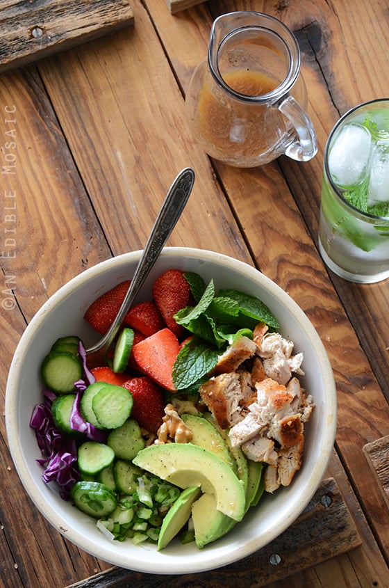 Chicken Salad Bowl with Avocado, Strawberry, and Walnut