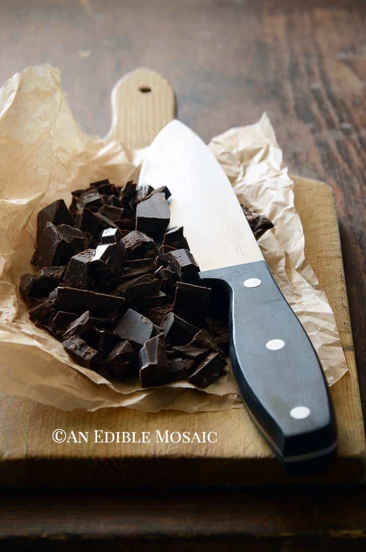 Chopped Chocolate on Wooden Cutting Board