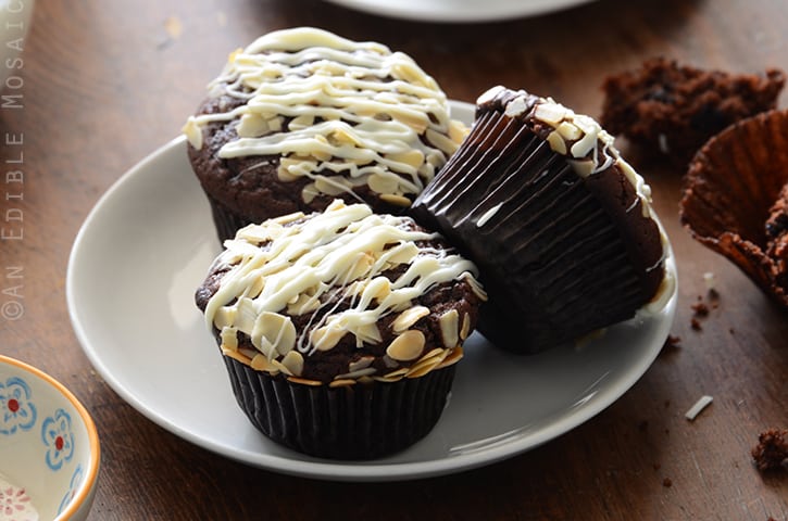 Double Dark Chocolate Muffins with Almonds and White Chocolate Drizzle 4