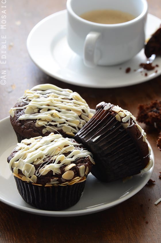 Double Dark Chocolate Muffins with Almonds and White Chocolate Drizzle