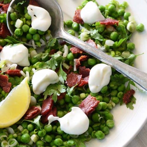 English Pea Salad on White Platter