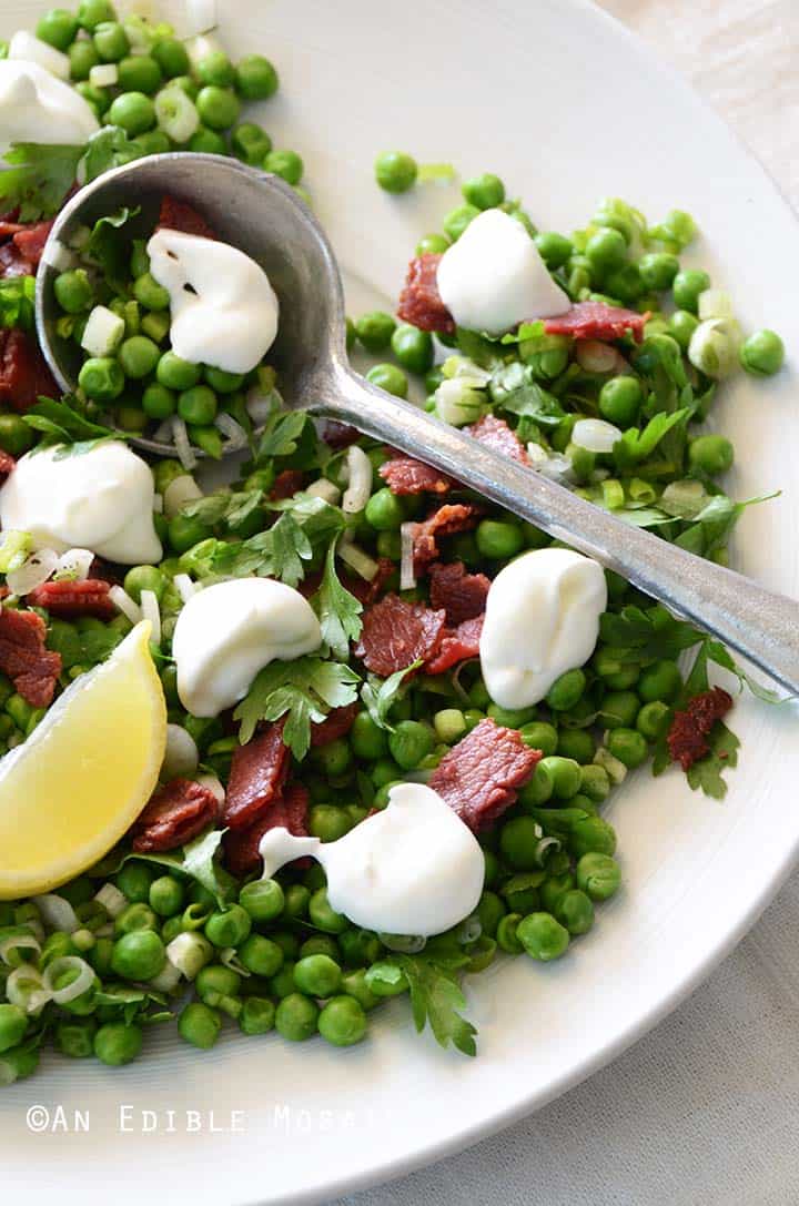 English Pea Salad on White Platter