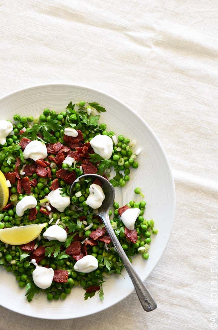 Springtime Pea Salad on White Serving Dish